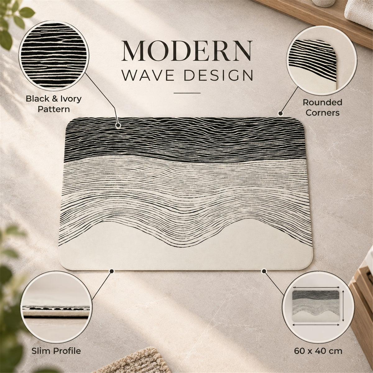 Absorbent Bathroom Mat, Abstract Wave Line Print Quick Dry Mat (1 Pc, 60x40 Cm)