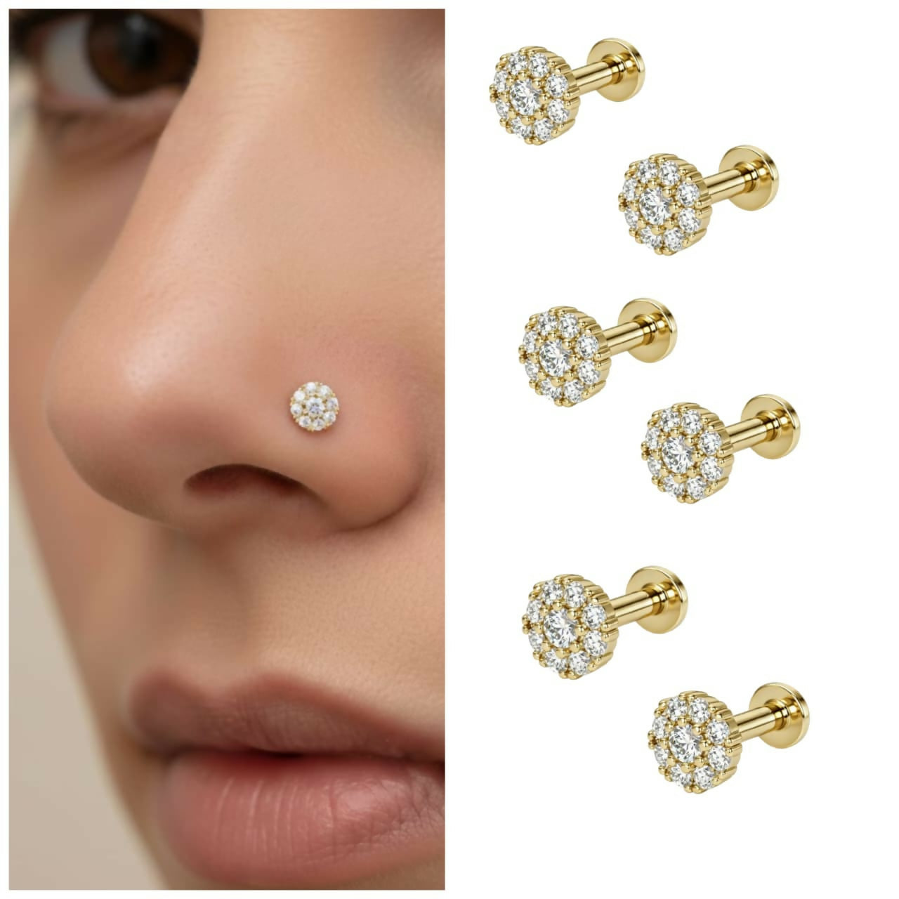 Gold Plated Floral Diamond Cluster Flat Back Nose Stud for women and girls Combo Pack of 6