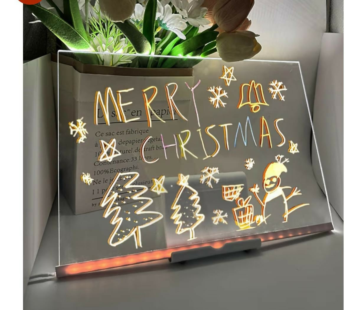 LED Message Writing Board 12x8 Inch with 7 Neon Color Markers, USB Powered Light Up Drawing Pad with Large Erasable Acrylic Surface for Kids, Party Decoration, Café Menu Display & Home Décor
