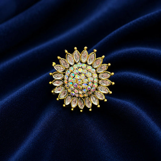 Pearl and kundan floral statement ring with gold plating, perfect for festive occasions