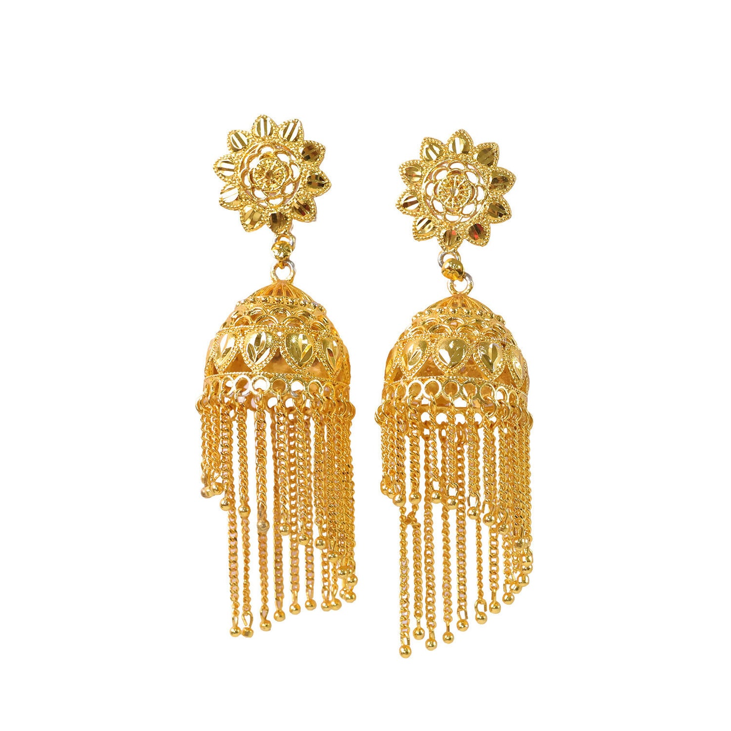Traditional Gold Tone Floral Jhumka Earrings with Long Chain Tassel Design
