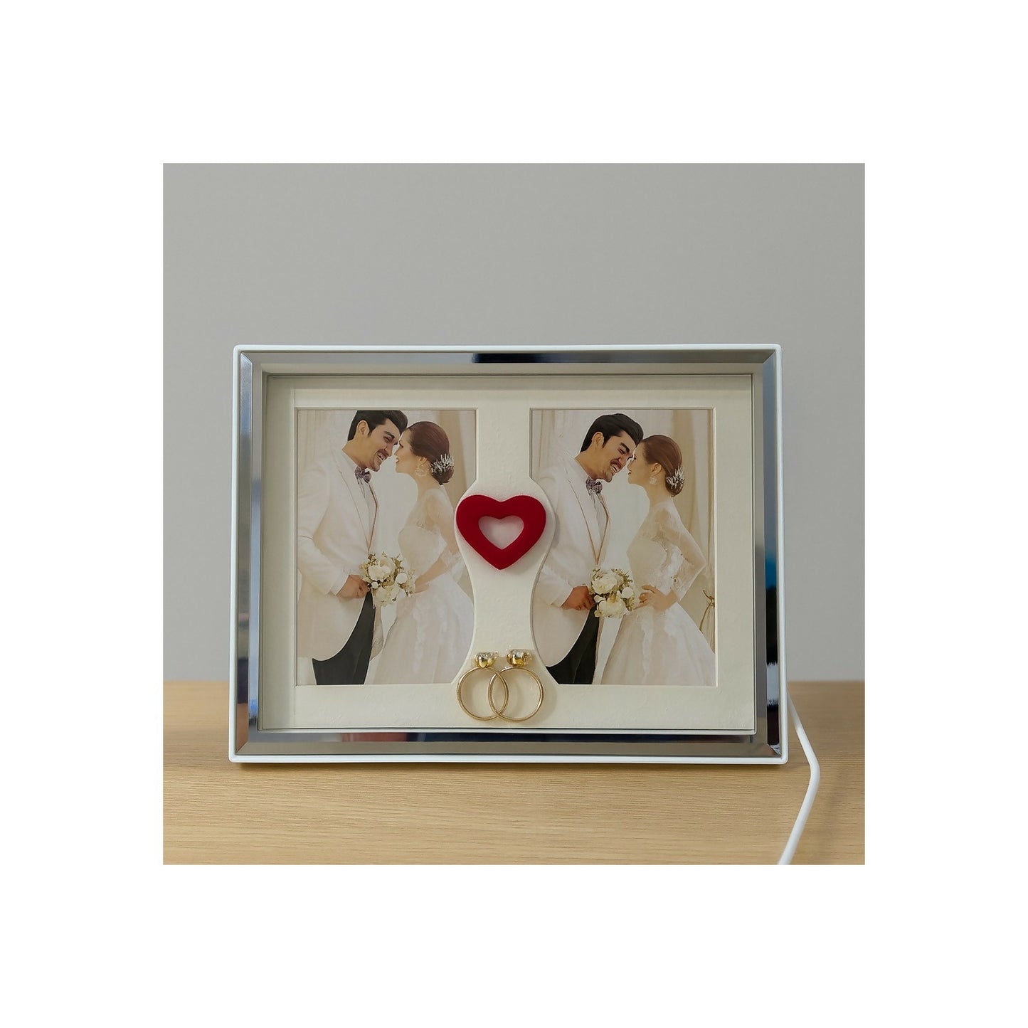 Romantic LED Light Wedding Photo Frame for Couple | Dual Photo Display Frame with Heart Centerpiece & Golden Rings | Anniversary, Valentine, Marriage, Bedroom Decoration Gift | USB Powered Elegant Love Photo Frame for Home Décor