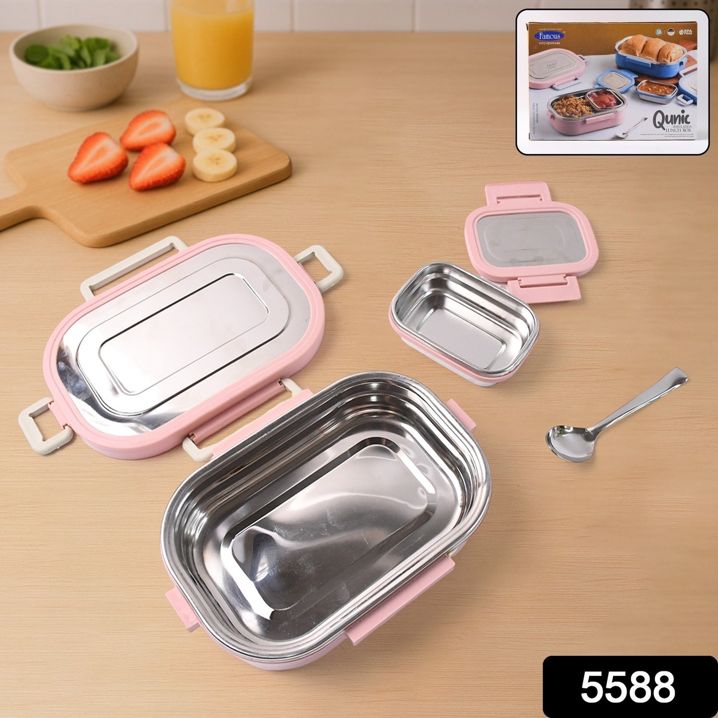 Opened Qunic Stainless Steel Lunch Box showing large and small compartments with spoon