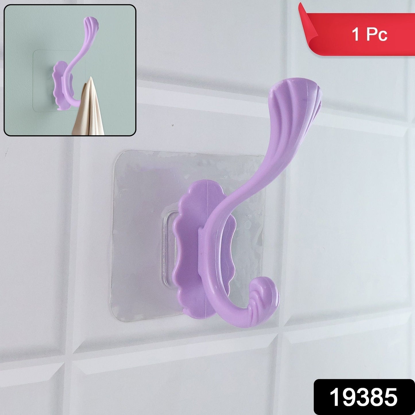 Multipurpose heavy duty adhesive wall hook in use