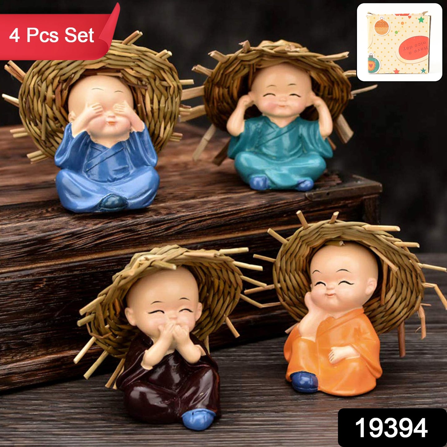 Decorative Resin Monk Buddha Showpiece Set of 4 with Traditional Straw Hats