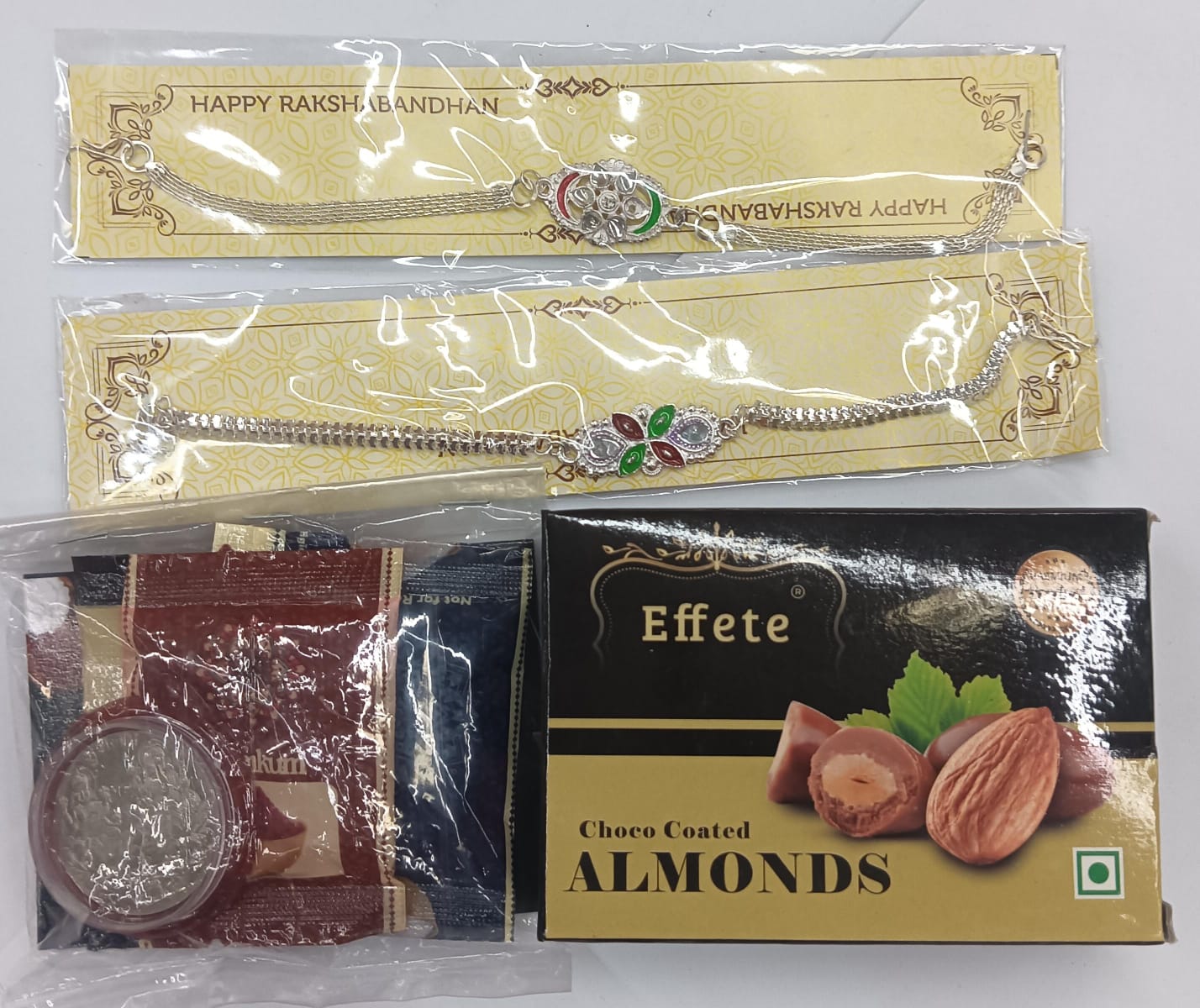 Complete Raksha Bandhan Combo pack with roli chawal, chocolates and rakhis