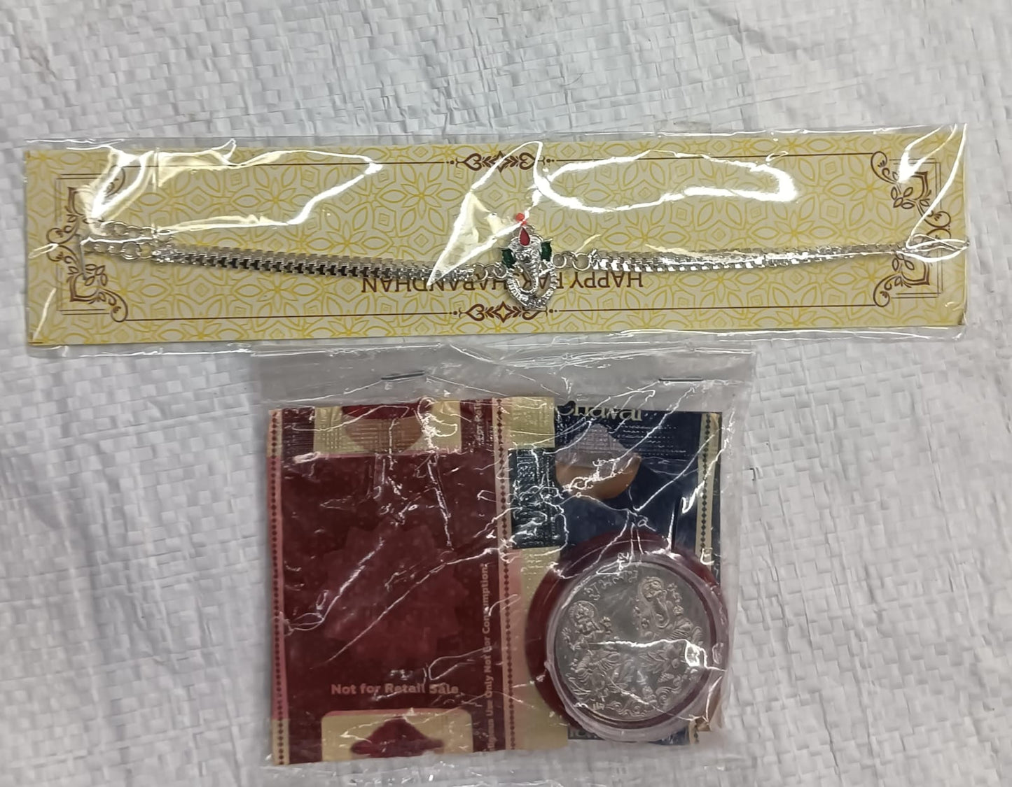 Silver-Plated Ganesh Rakhi with Coin, Roli-Chawal & Raksha Bandhan Greeting Card Gift Combo for Brother,Rakhi Gift Combo