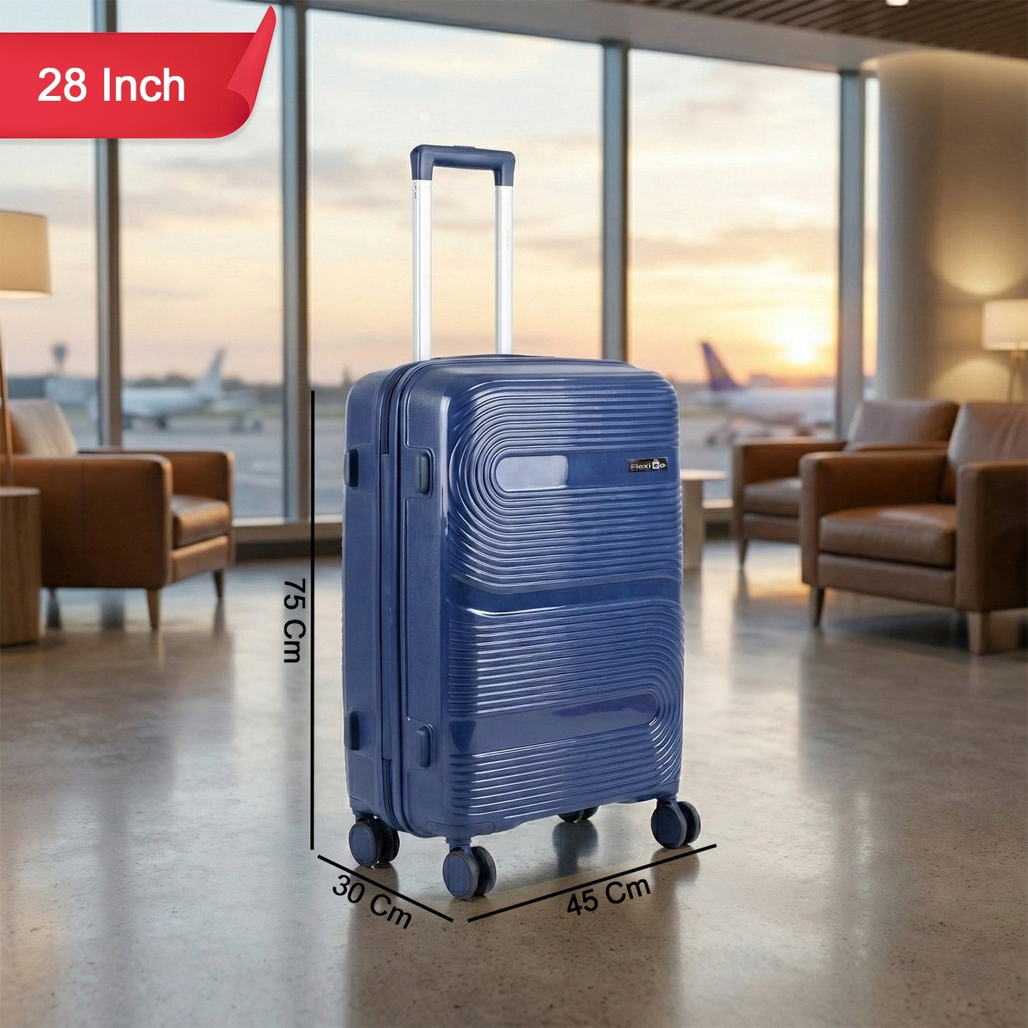 Telescopic handle retracted on durable hard shell cabin trolley suitcase