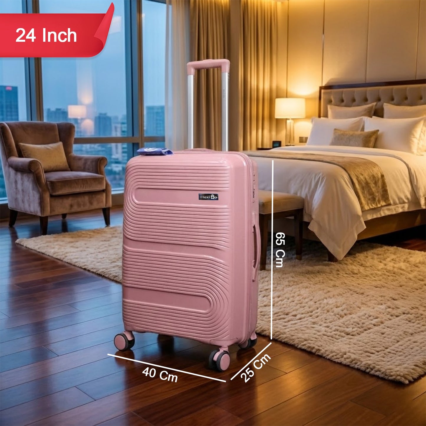 Rose gold cabin trolley suitcase placed in travel setting
