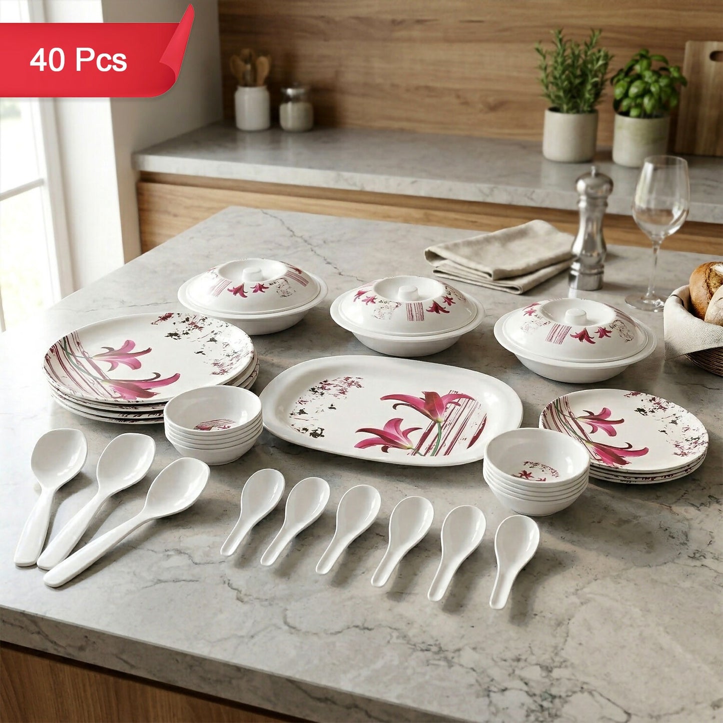 Kalmiya Neelkanth Gold 40 Pcs Melamine Dinner Set with Plates Bowls Serving Set