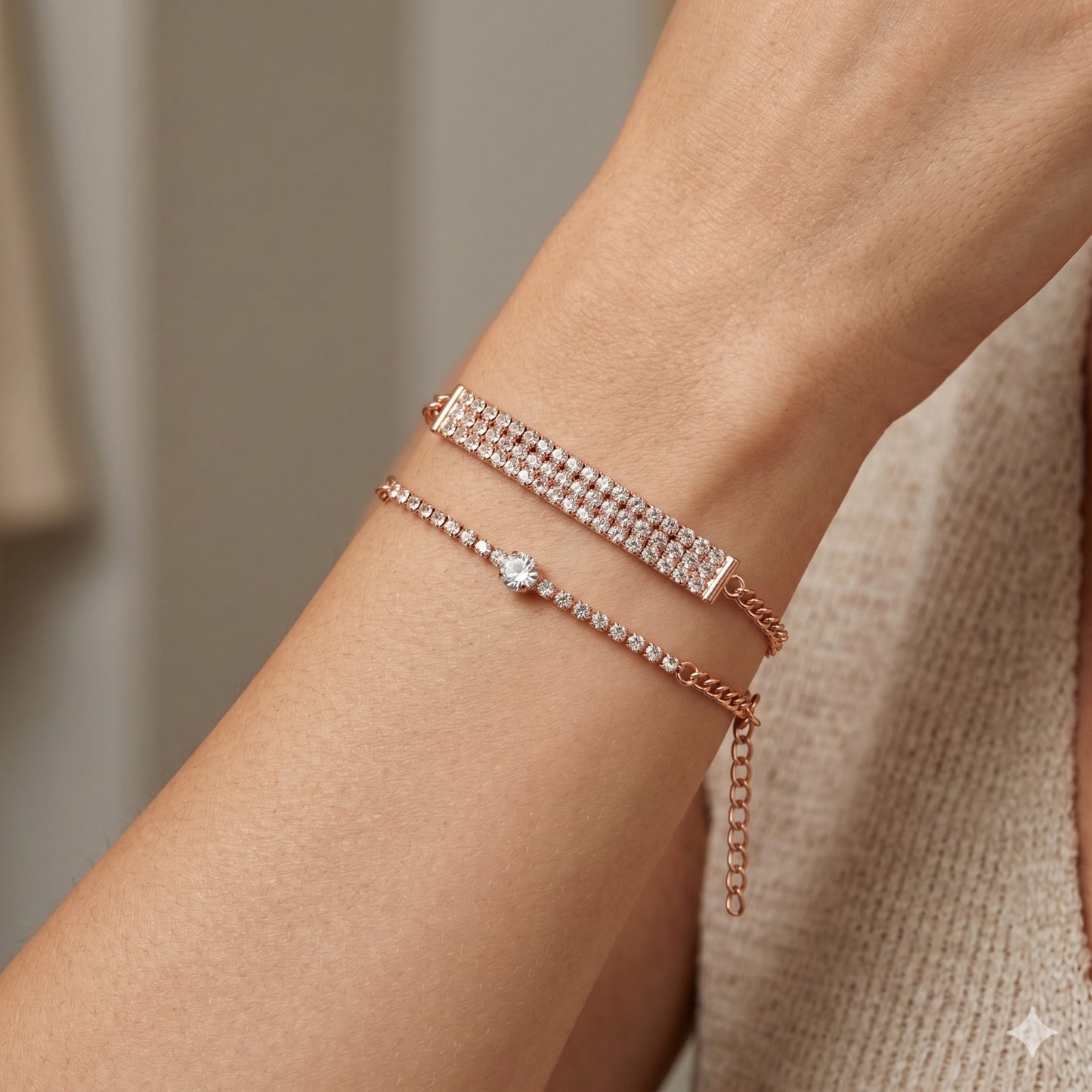 Multiple rose gold plated stone bracelets laid out for versatile styling