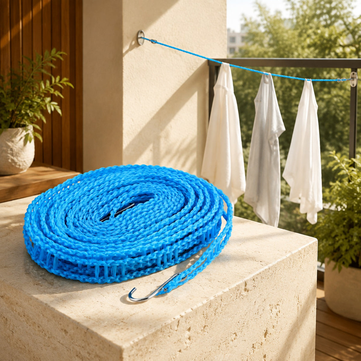 A coiled blue clothesline with a metal hook rests on a stone surface, with clothes drying on a line in the background.