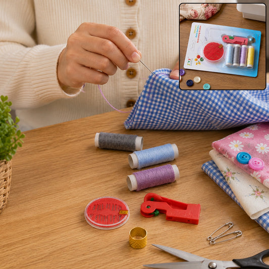 A person sewing a blue and white checkered fabric with a purple thread, surrounded by sewing tools.