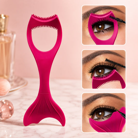 A fuchsia silicone eyeliner and mascara guide tool stands upright, with insets showing it in use for eyeliner and mascara