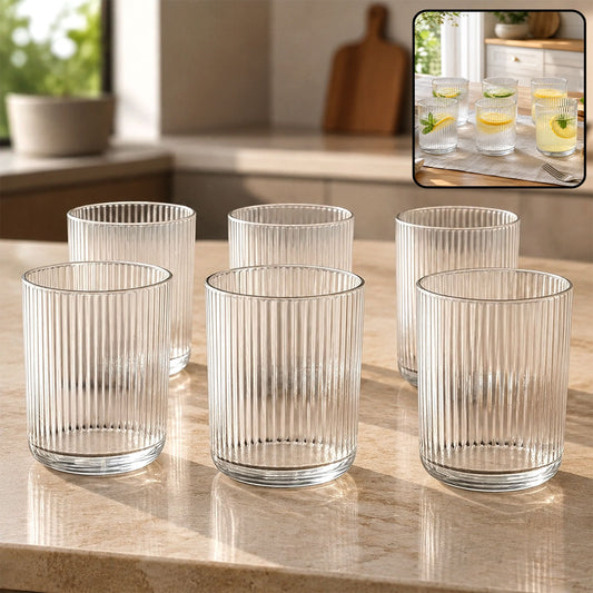 Plastic Glass Set – 6 Tall Ribbed 300ml Unbreakable Glasses
