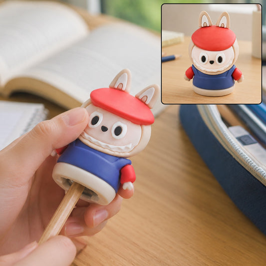 A hand holds a cartoon rabbit pencil sharpener, sharpening a pencil, with an inset showing the sharpener upright.