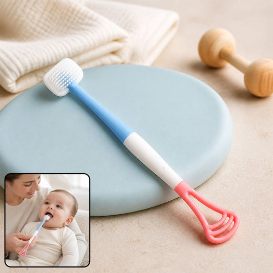 A blue, white, and pink baby tongue cleaner and toothbrush on a blue mat, with an inset of a baby using it.
