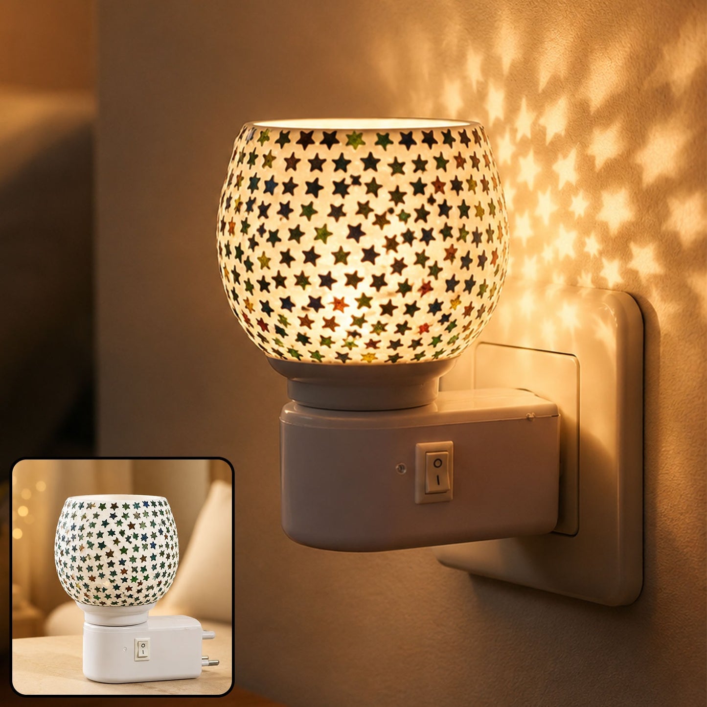 Star Pattern Mosaic Night Lamp – Warm Ambient Plug-In Light
