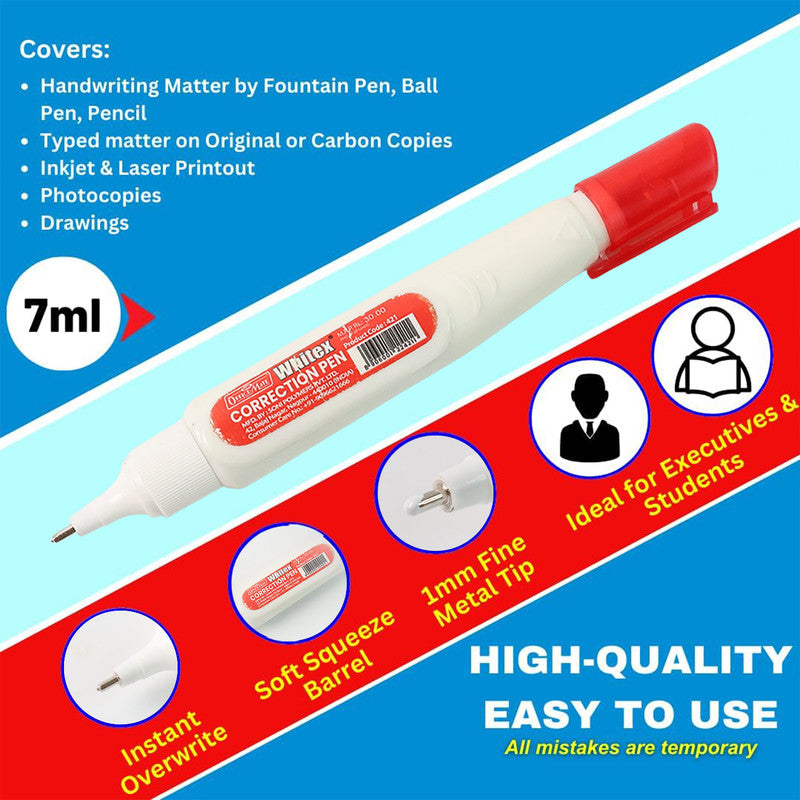 White Correction Pen 7ml – Fine Metal Tip, Quick Dry, Smooth Coverage for Office & School Use