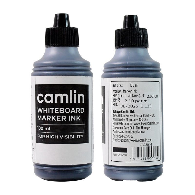 Camlin Whiteboard Marker Ink 100 ml – Black Color Refill Ink for High Visibility