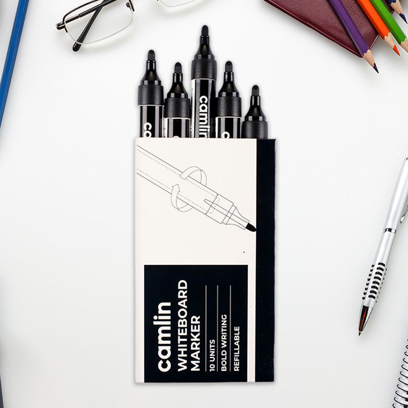 Camlin Whiteboard Marker – Black Color Bold Writing Refillable Markers (Pack of 10)