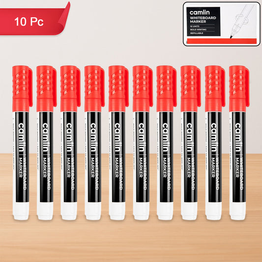 Camlin Whiteboard Marker – Red Colour, Bold Writing, Refillable Whiteboard Markers – Pack of 10