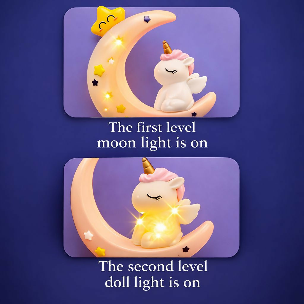 Two close-up panels show the moon light on and the unicorn light on, against a dark blue background.