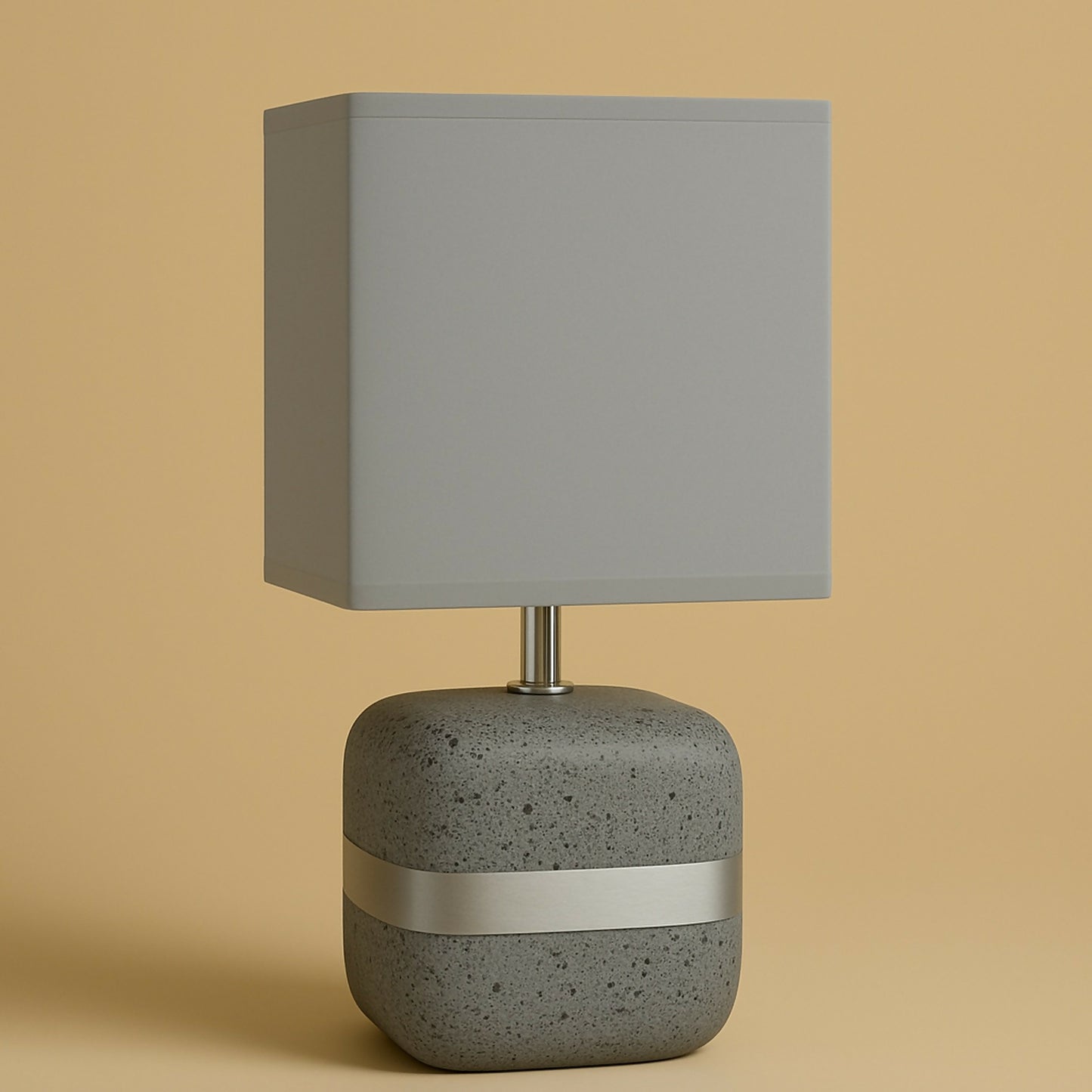 Modern Concrete Textured Table Lamp with Grey Square Fabric Shade & Silver Accent Band | Luxury Minimalist Bedside, Living Room & Study Night Lamp | Soft Ambient Lighting Home Décor Piece