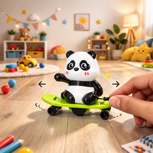 Cute panda on a bright skateboard wind-up toy for kids