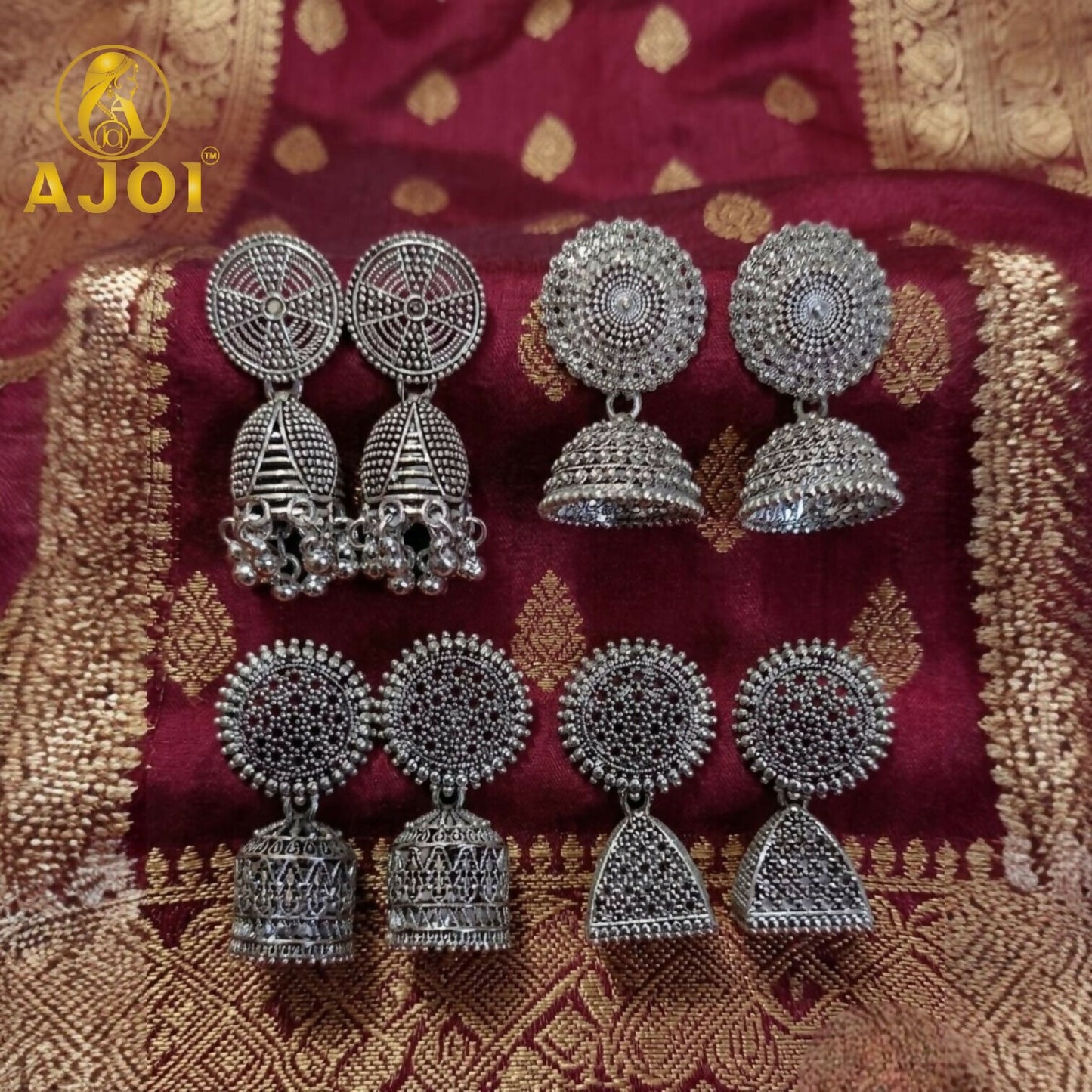 Traditional Oxidized Silver Jhumka Earrings Set of 4