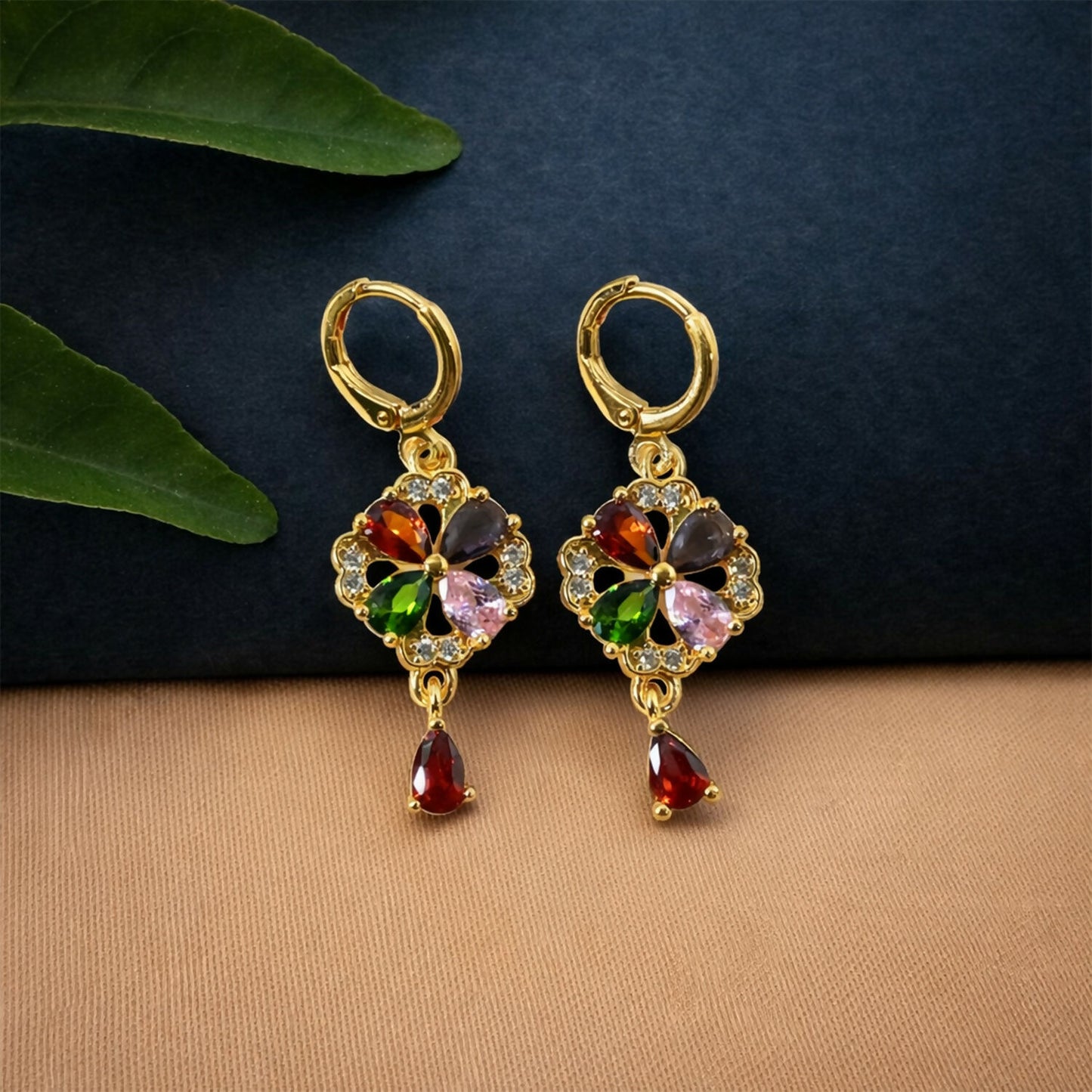 Gold-Tone Multicolor Crystal Floral Drop Hoop Earrings for Women