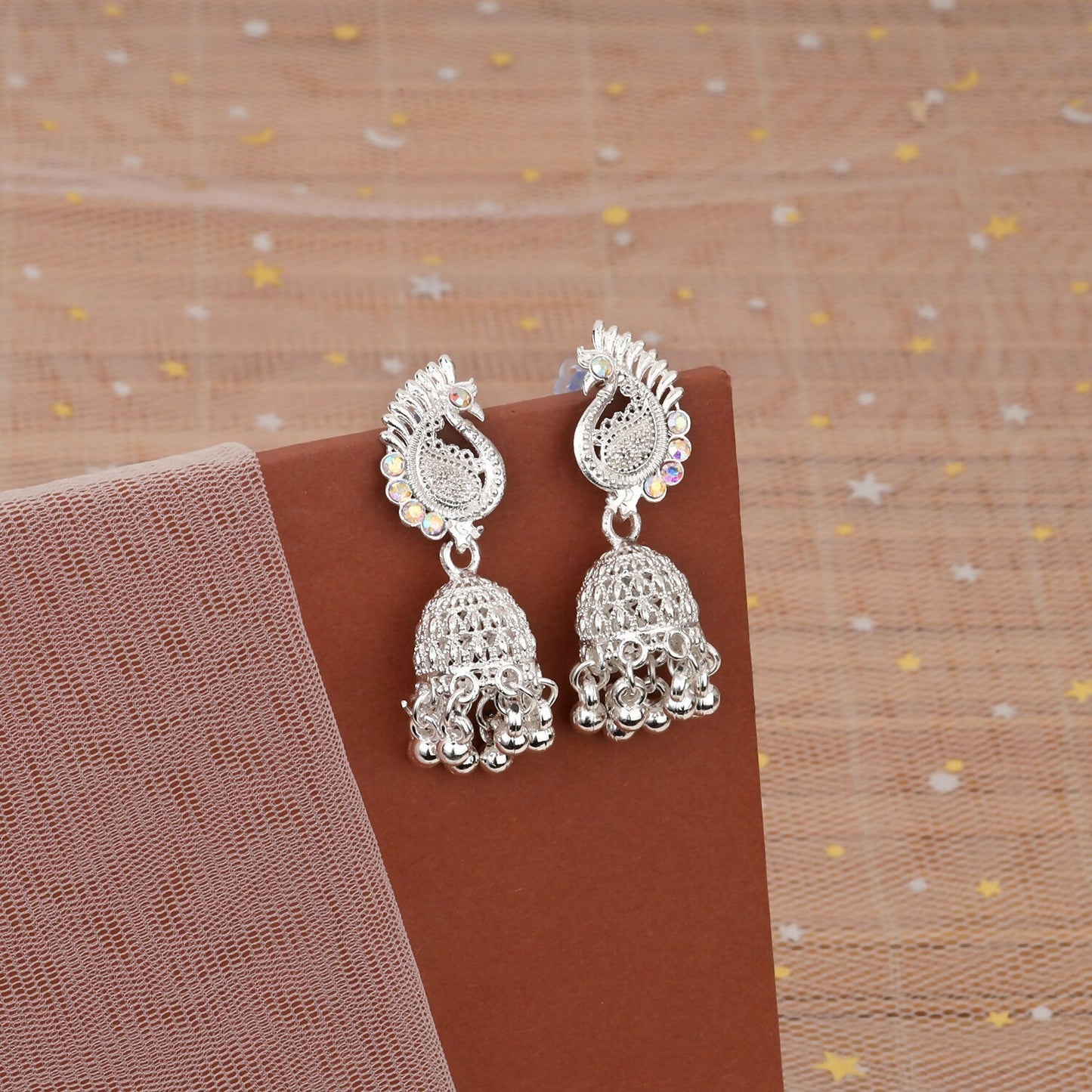 Elegant Silver Finish Peacock Jhumka Earrings