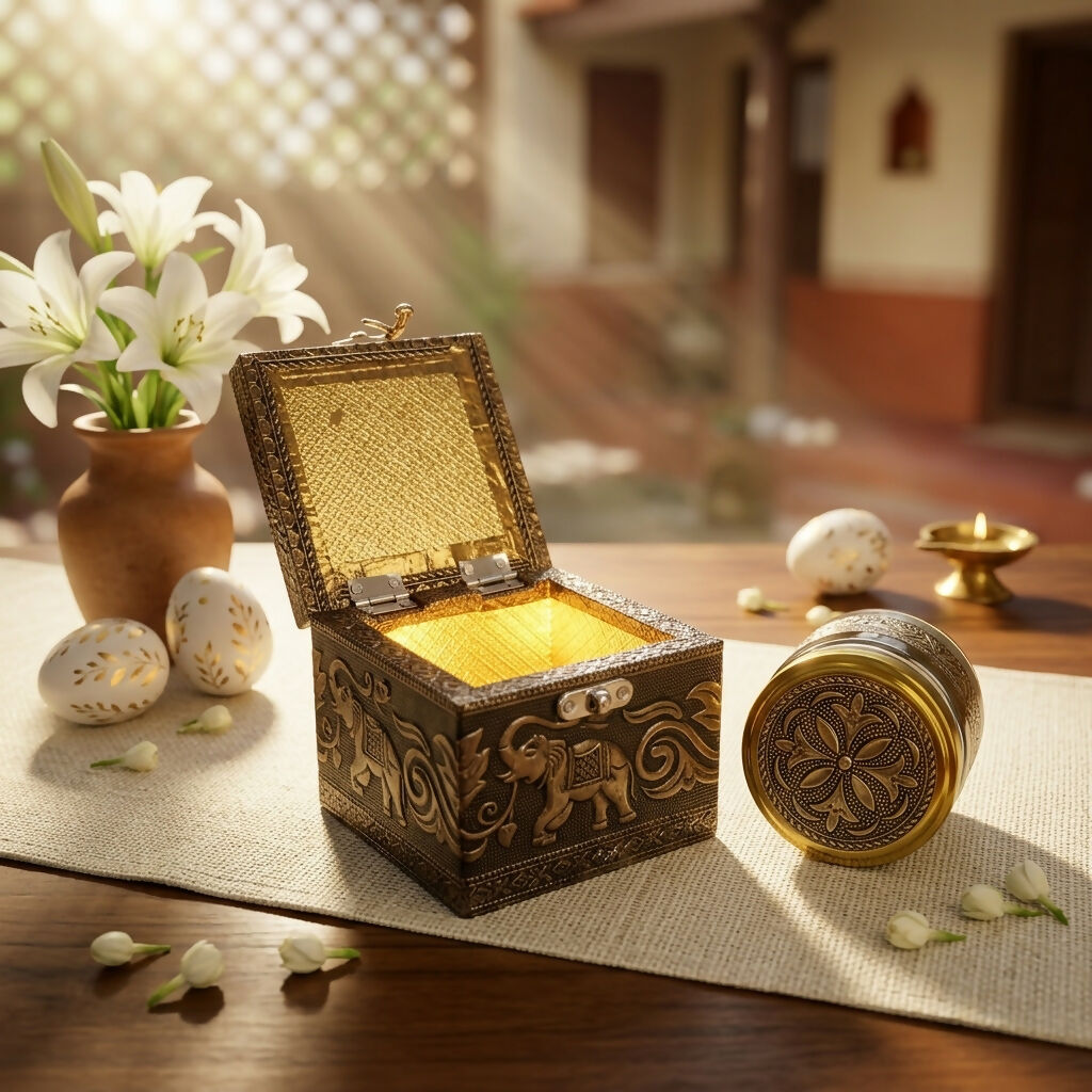 Handcrafted brass elephant keepsake box with metallic lidded jar