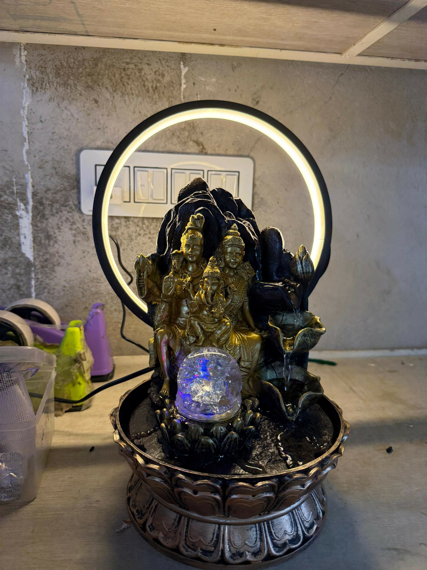 Shiv Parivar LED Water Fountain with Halo Ring Light