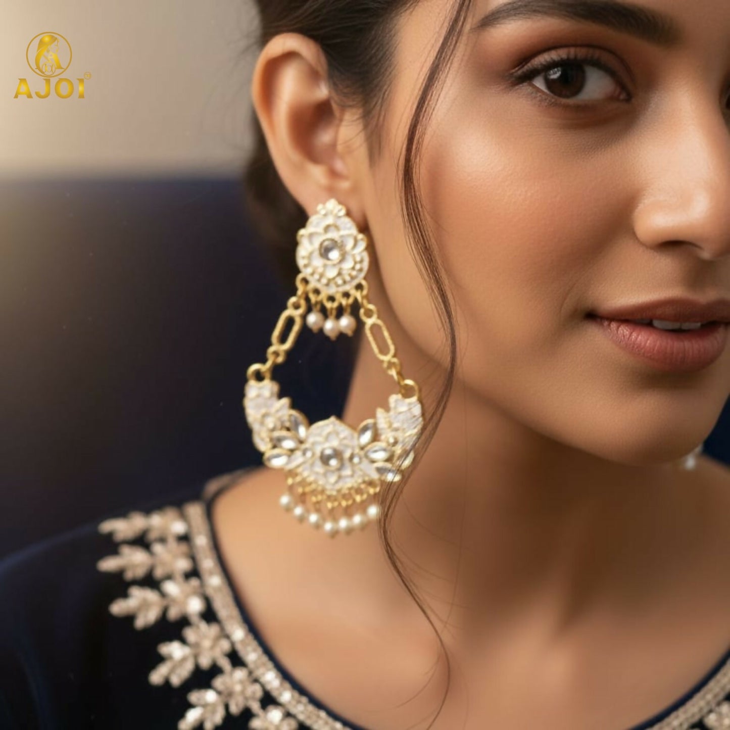 Antique Gold-Plated White Stone & Pearl Floral Chandbali Earrings for Women