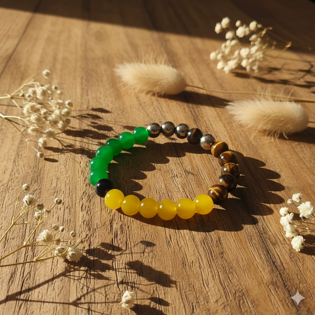 Green, Tiger's Eye, Yellow Crystal Beads Bracelet