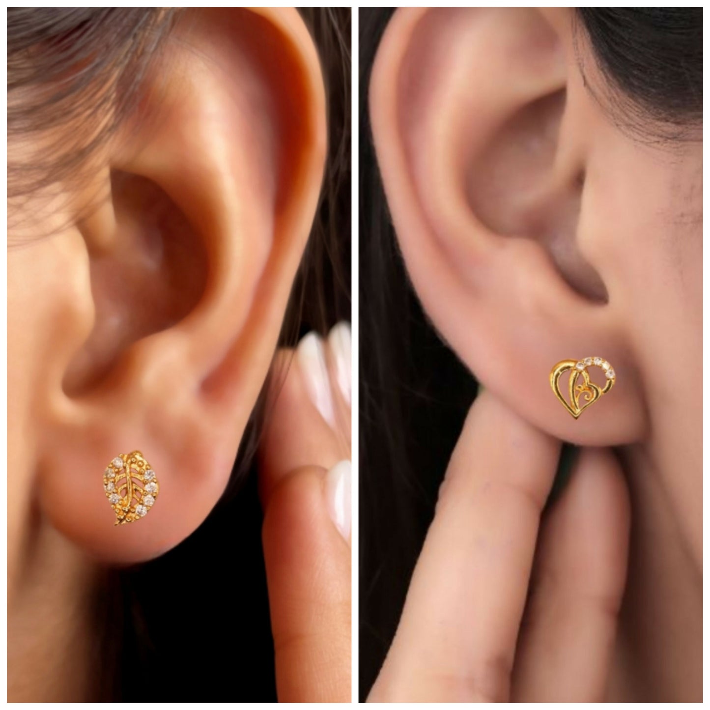 Gold Plated AD Stud Earrings Combo: Heart & Leaf Designs for women and girls Combo Pack of 2