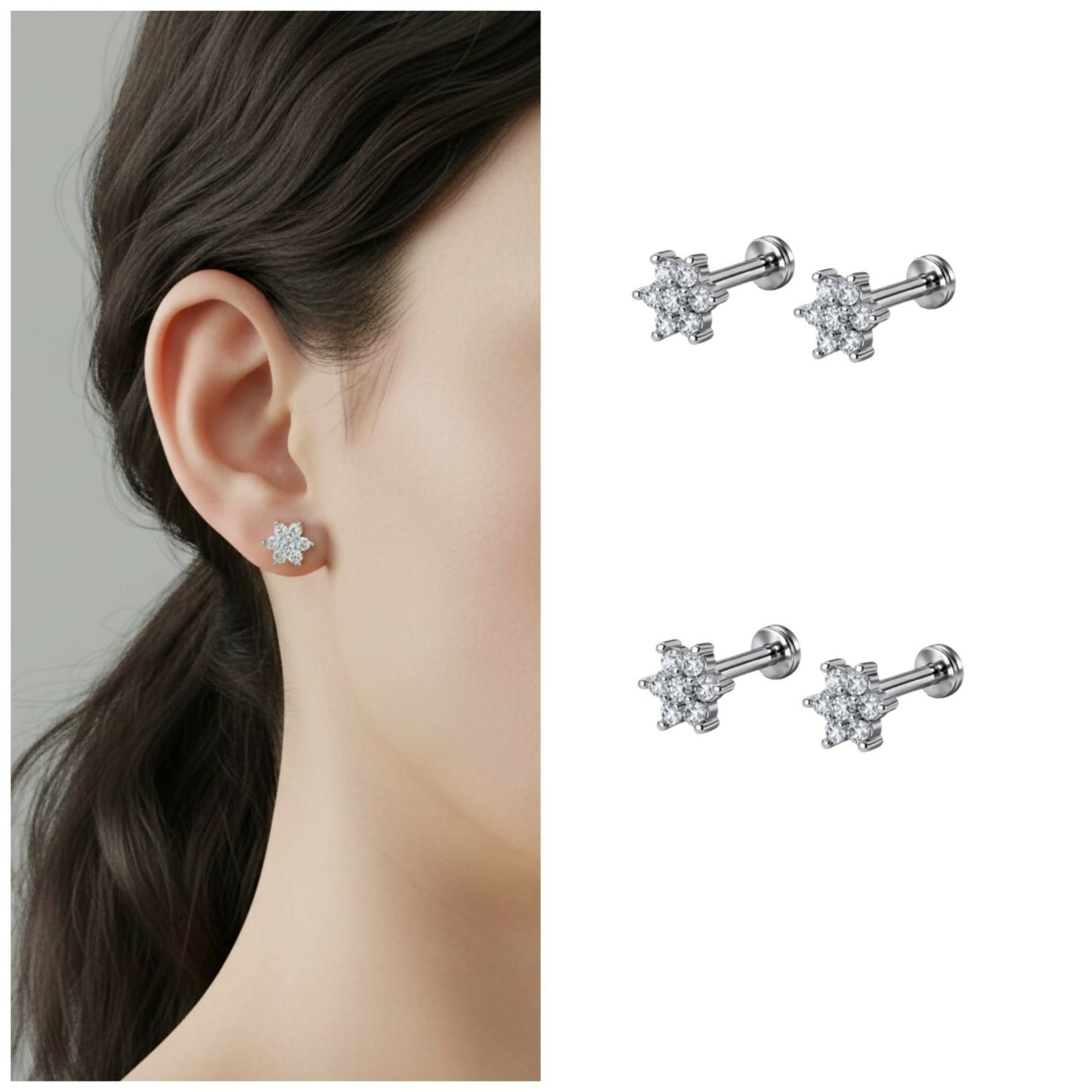 Silver plated flower labret stud earrings with crystal detailing