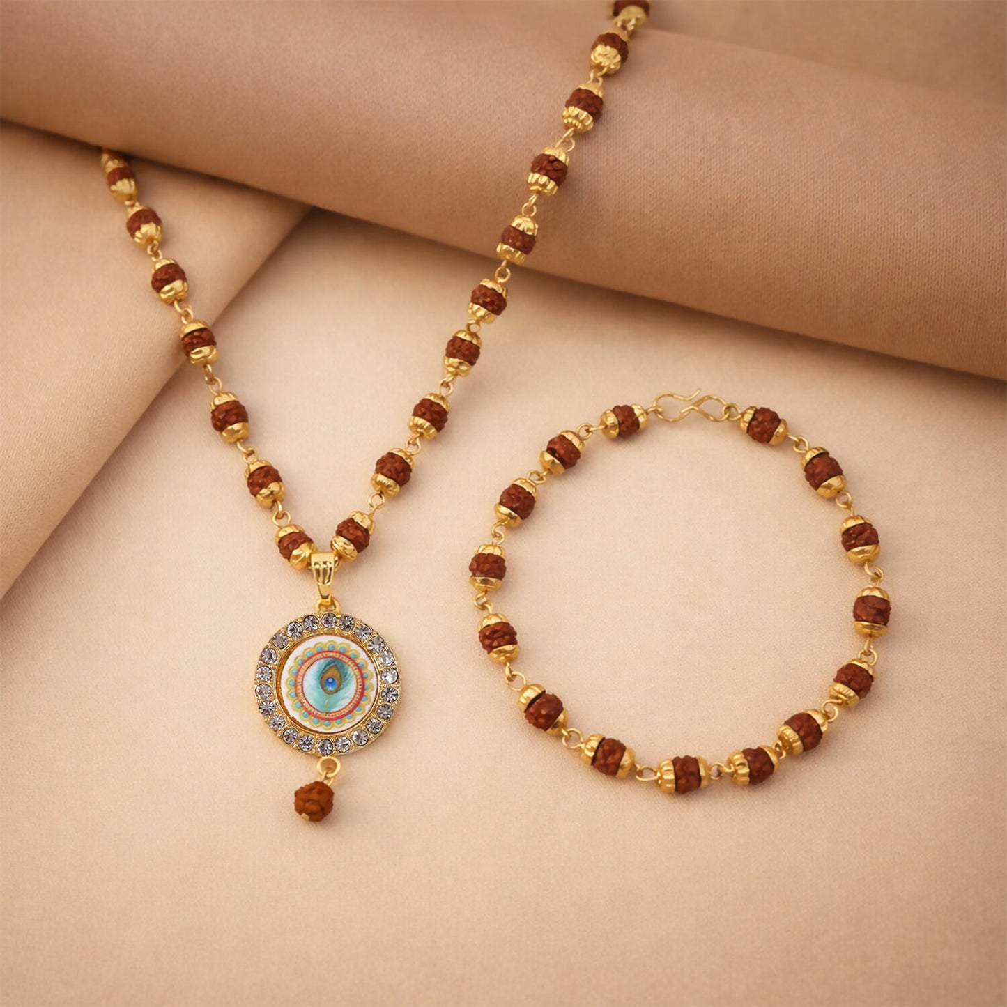 Rudraksha necklace and bracelet set with gold accents and evil eye pendant for protection