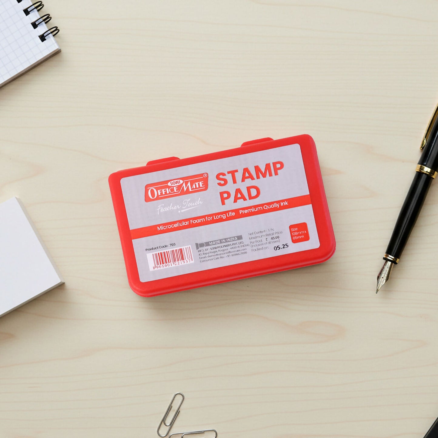 OfficeMate Red Stamp Pad – Premium Microcellular Foam, Long-Life Ink (108×65 mm)