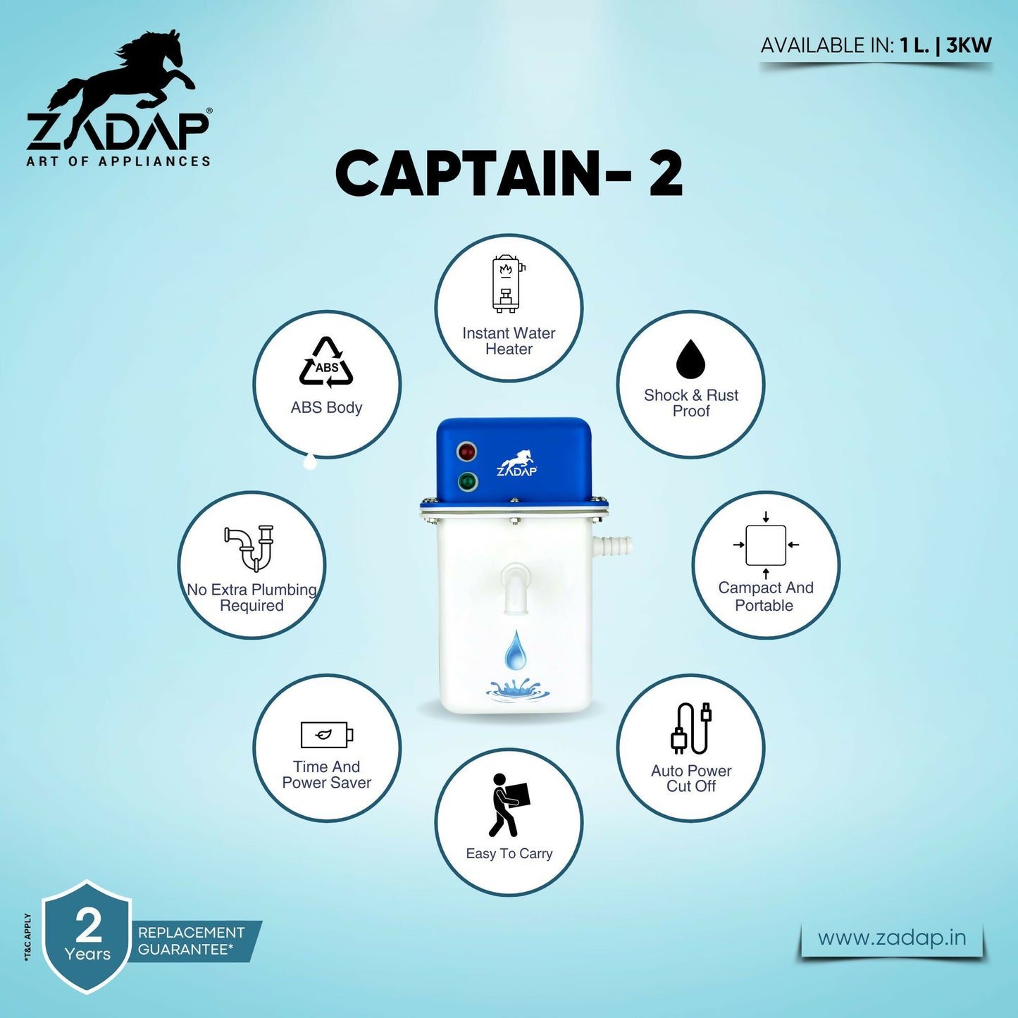 ZADAP Portable 3kW Instant Water Heater - Fast & Safe