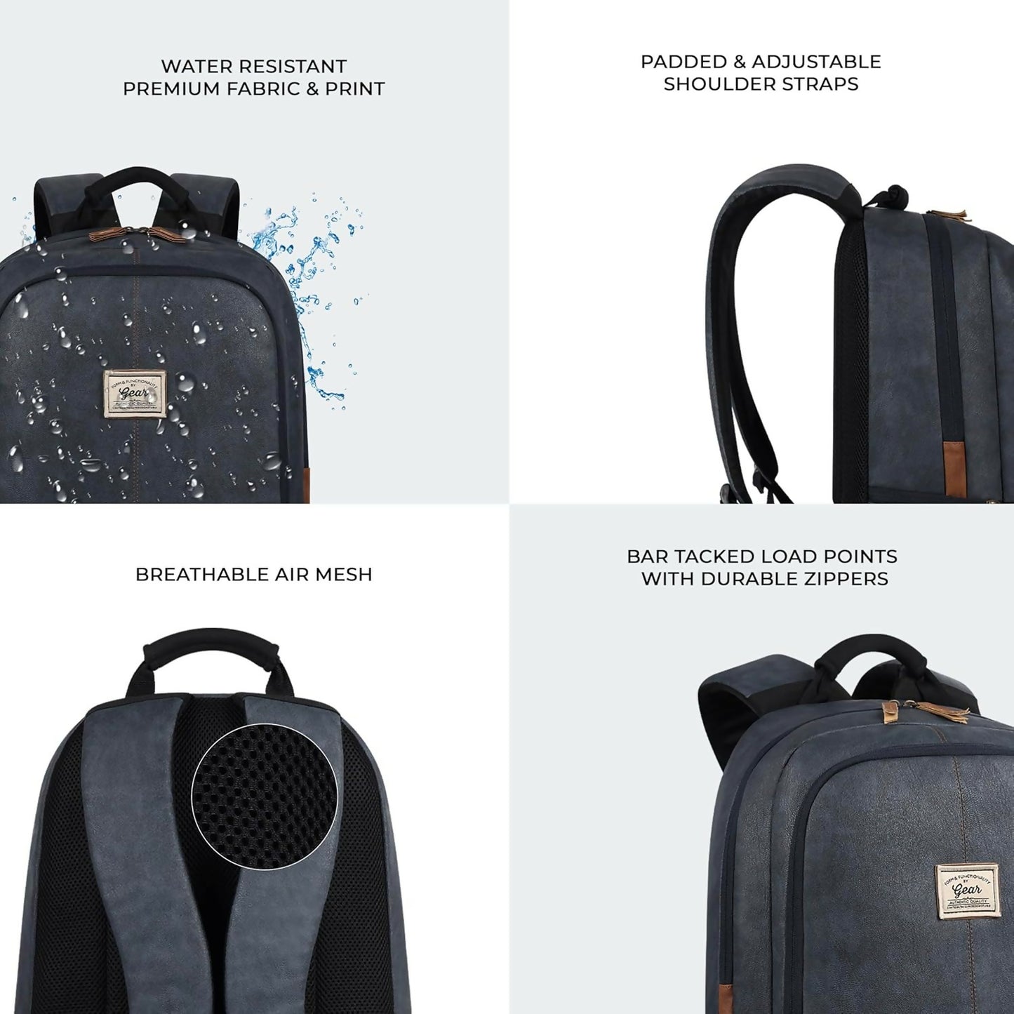 GEAR Laptop Back Pack Classic Faux Leather Navy Blue Tan