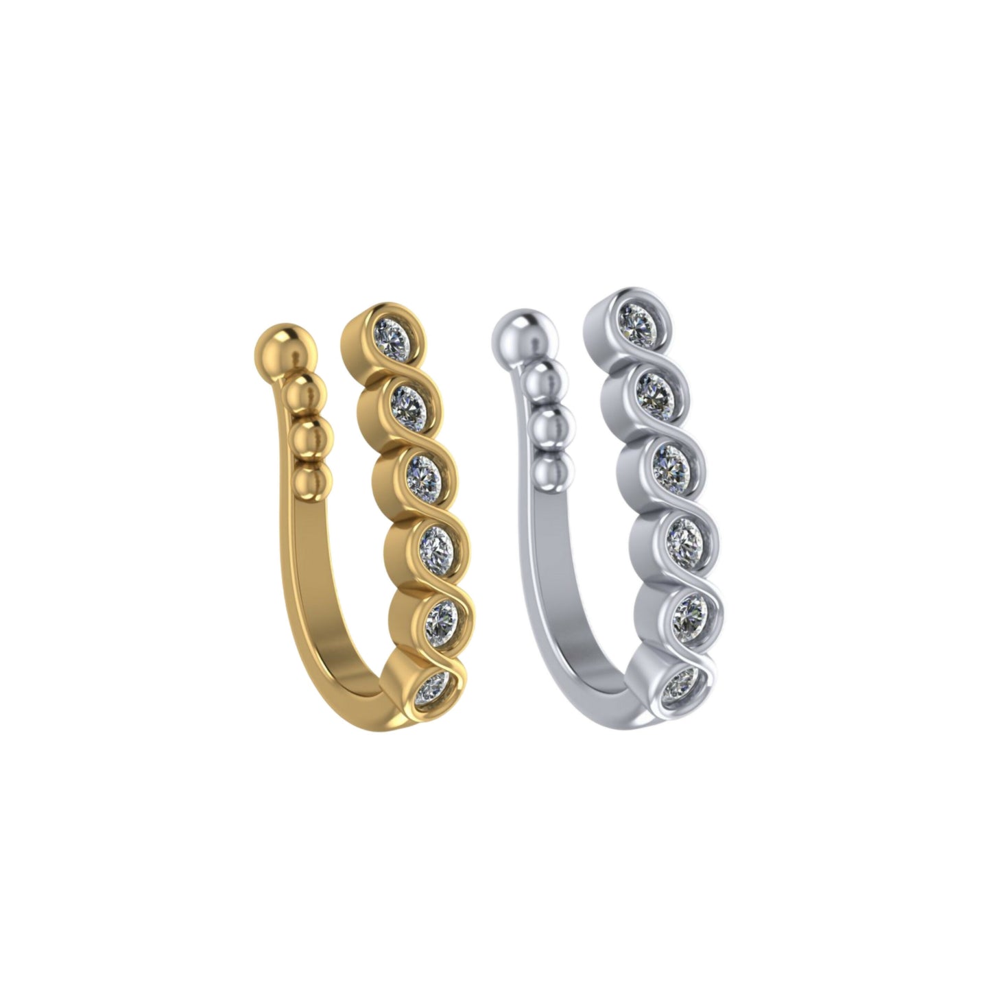 Silver-tone clip-on nose ring adorned with five clear cubic zirconia stones