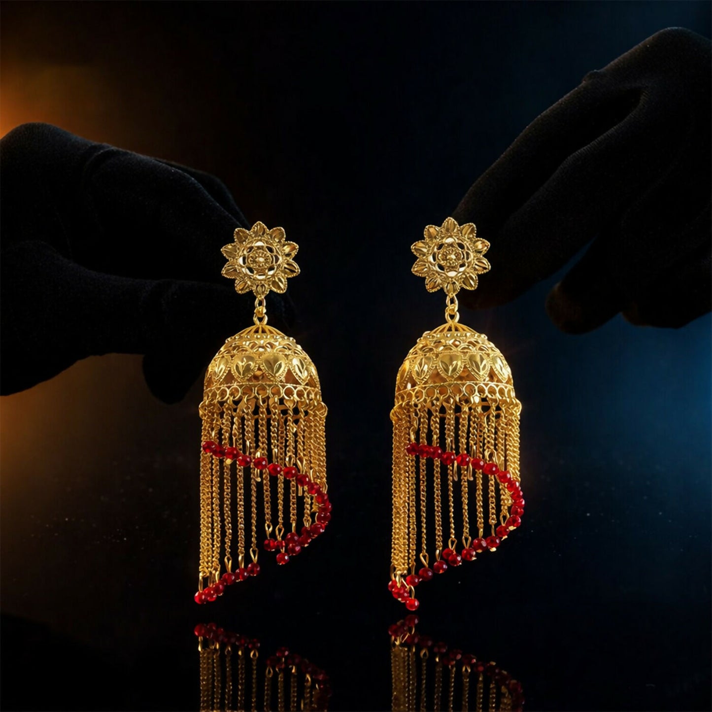 Traditional Gold Tone Double Jhumka Drop Earrings Floral Stud Ethnic Dangle Earrings for Women