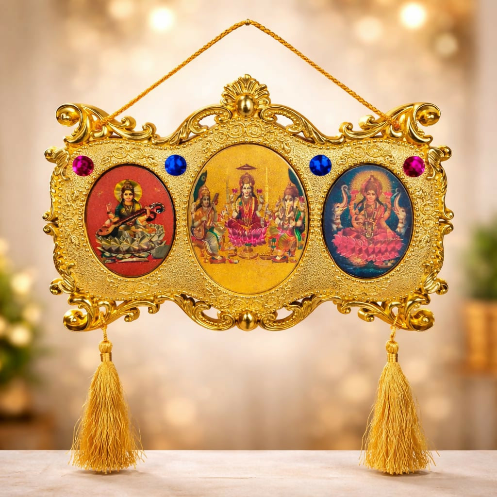 Golden Triple God Wall Hanging with Ganesha Lakshmi Saraswati (Triple Oval Design)