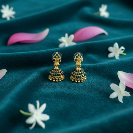 Golden jhumka earrings with antique style filigree and green-blue enamel detail
