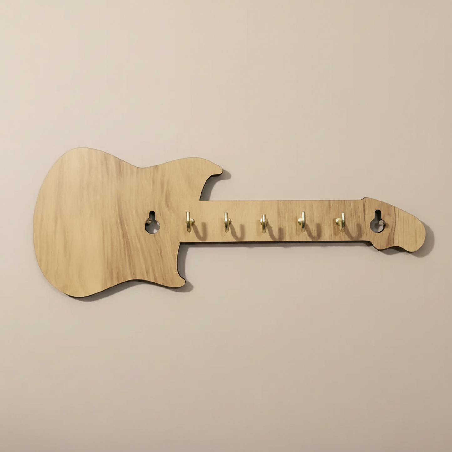 Natural wood finish guitar-shaped wall key rack