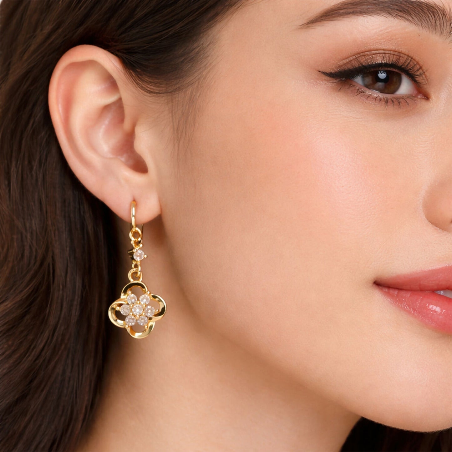Gold-Tone Crystal Floral Drop Hoop Earrings for Women