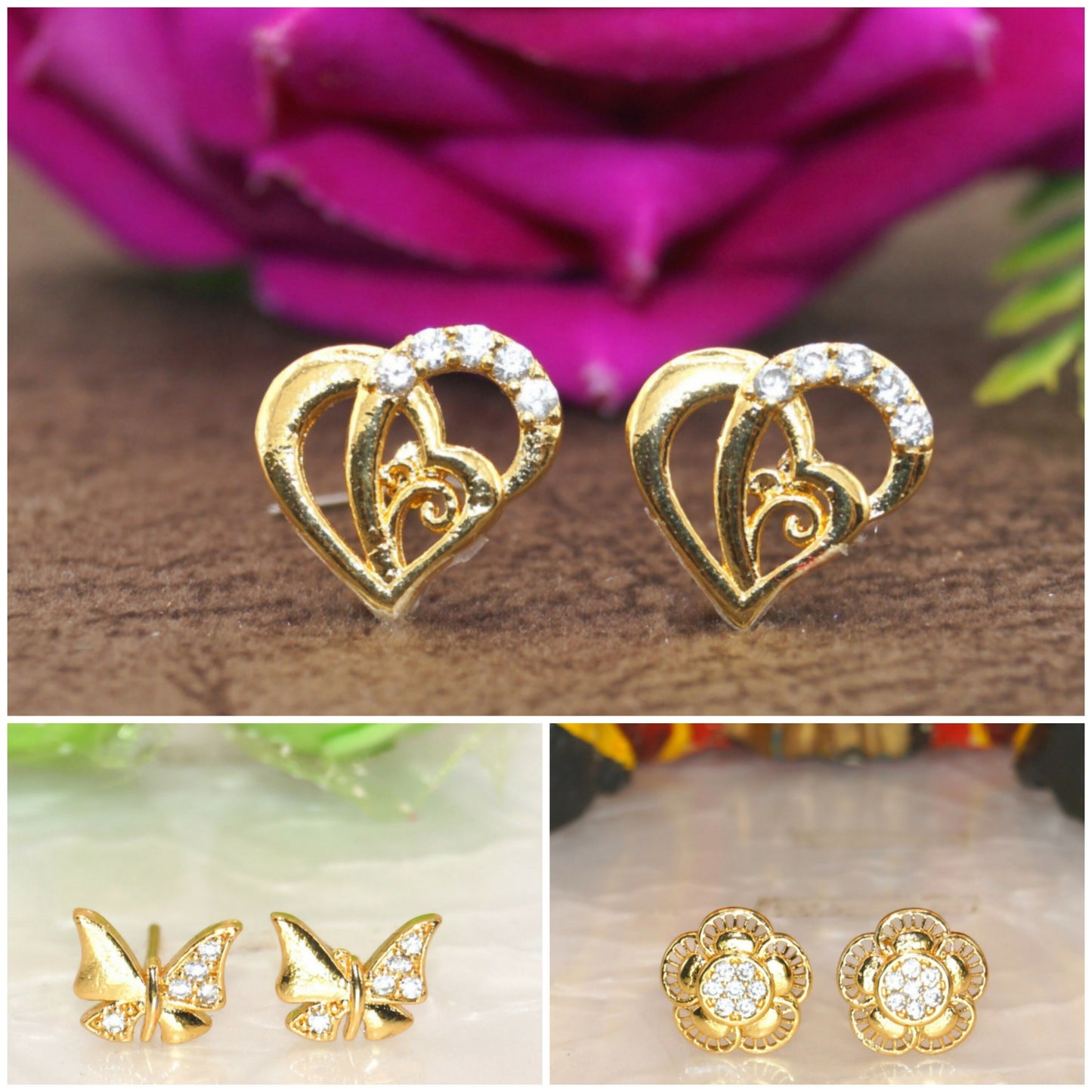 Gold Plated Stud Earring Combo | Heart, Butterfly & Floral" for women and girls Combo Pack of 3