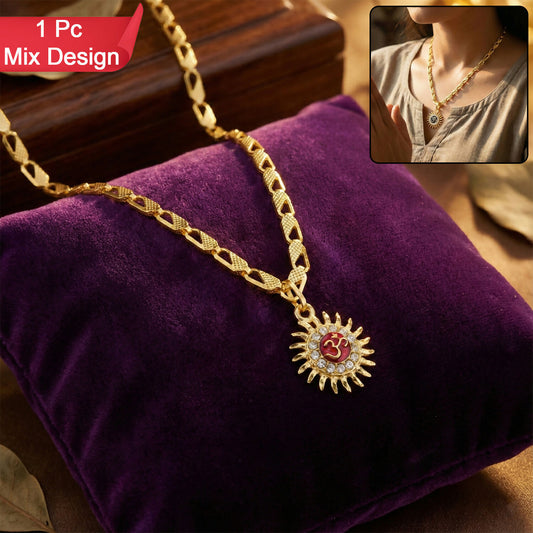 Sun and Om Pendant with Chain – Spiritual Charm Necklace (Mix Designs)